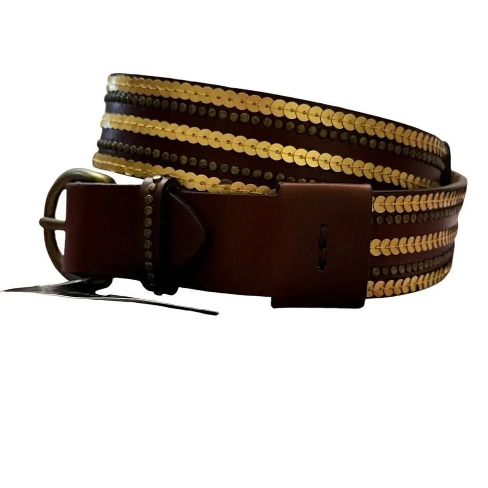 Express Brown Leather Belt Gold Sequins Bronze Studded Vintage NEW Size Small